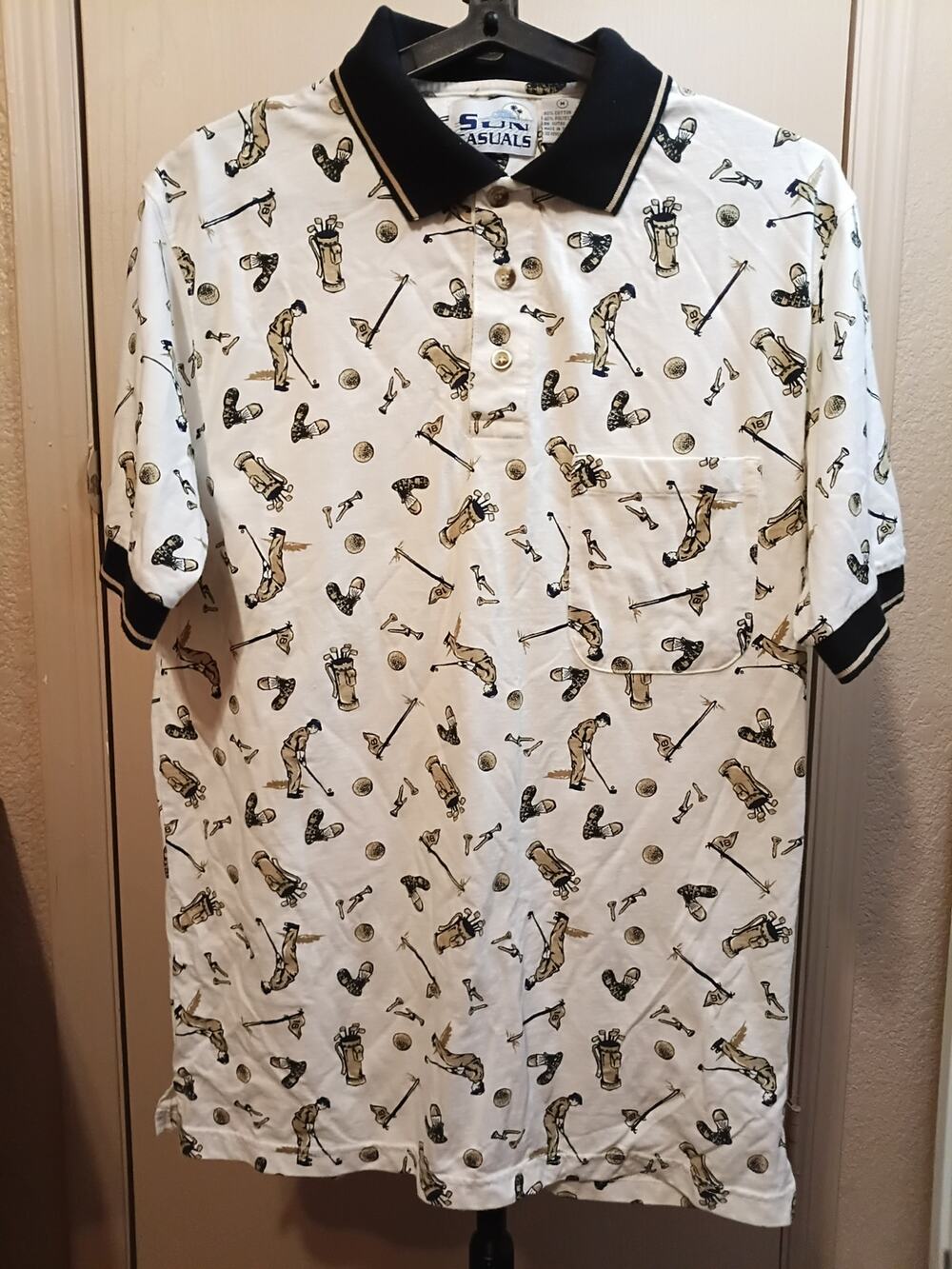 Vintage Sun Casuals All Over Print Golf Polo Shirt Medium Cream Novelty 90s